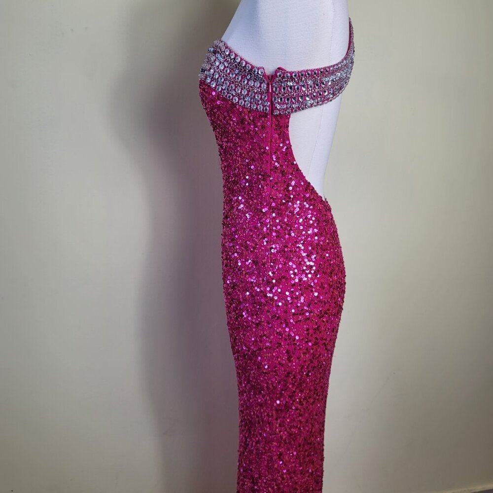 Scala Vintage Hot Pink 100% Silk Crystal Sequin Open Back Women's Gown | Size 4 - Picture 8 of 13